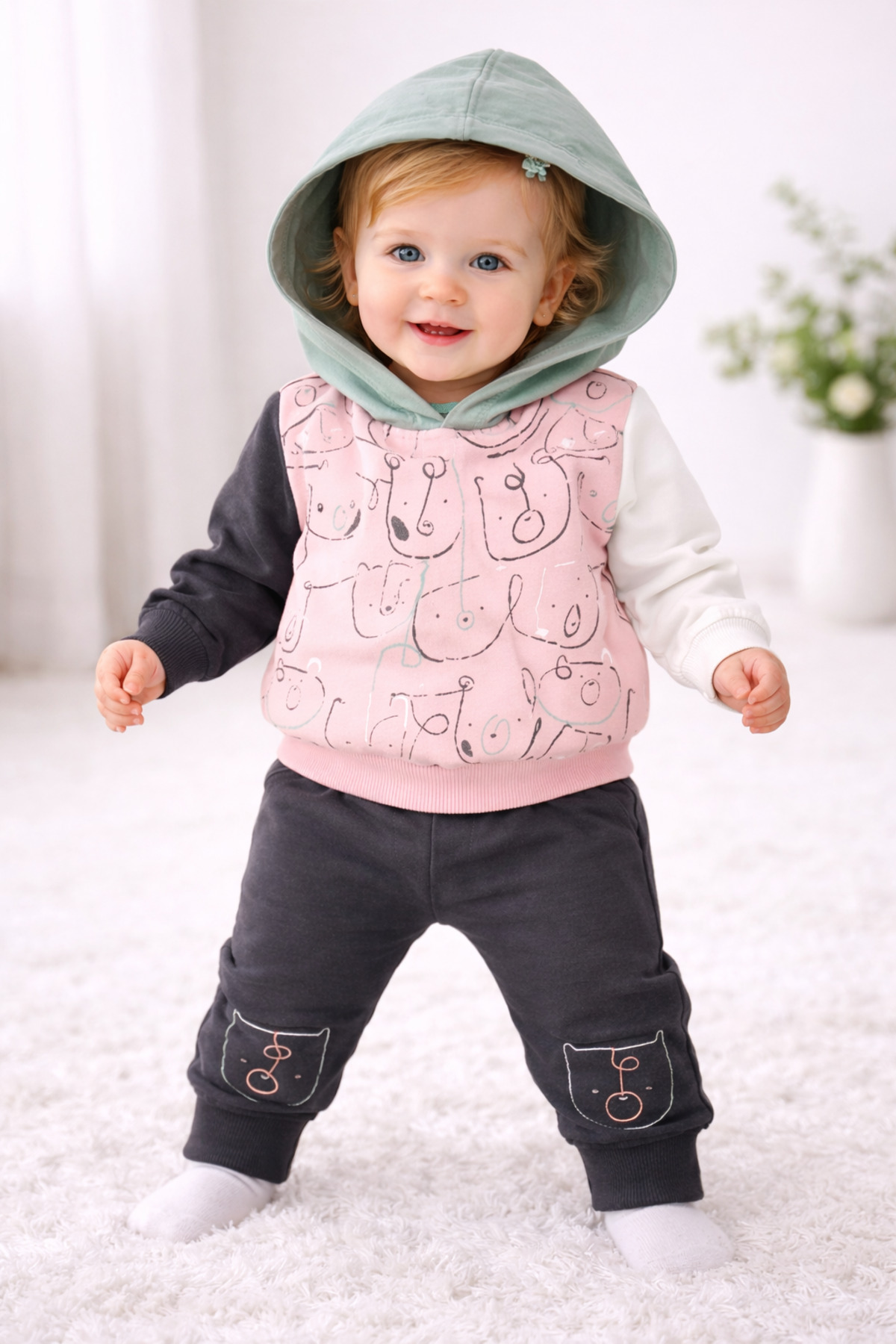 Boncuk Bebe Desenli Kapüşonlu Unisex Bebek Takımı | AyleModa